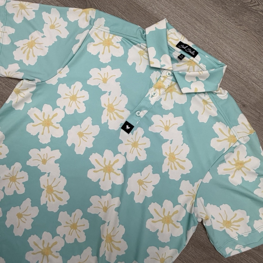 Bad Birdie Golf Polo Shirt Mens Medium Floral Print Aqua Athletic